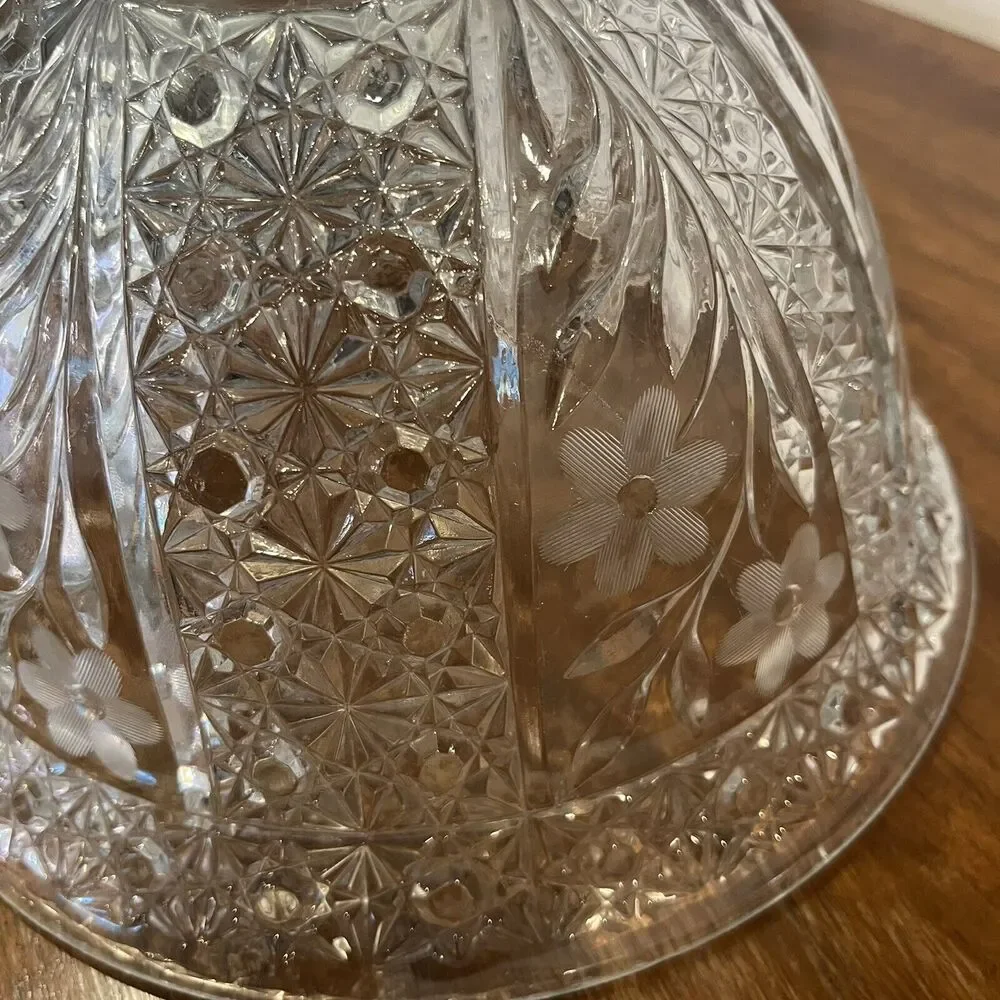 Vintage Compote Punch Bowl Candy Dish w/Frosted Etched Glass Flowers Starburst